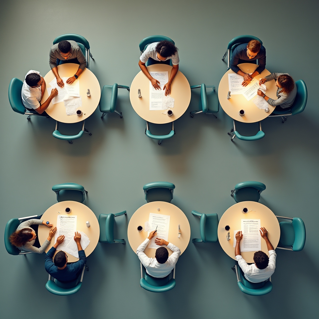 Gruppentraining mit Teilnehmenden, die an Tischgruppen gemeinsam Aufgaben bearbeiten